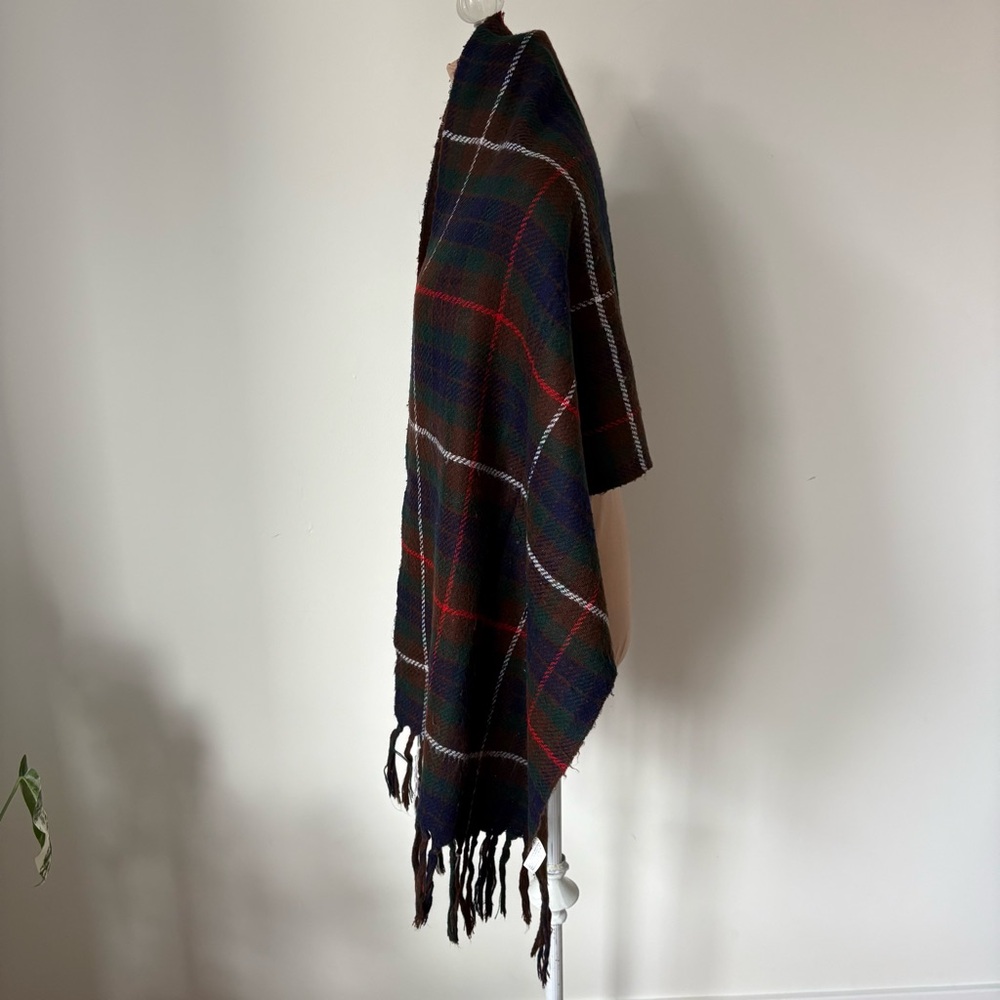 Christian Dior Vintage Acrylic Knit Brown Blue Plaid Fringe Trim Scarf One Size - Picture 4 of 12